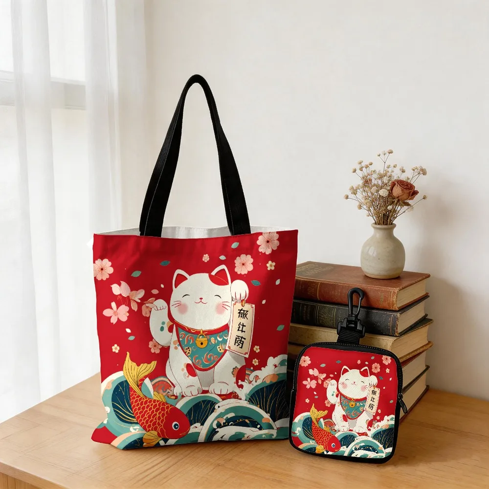 Japanese Maneki Neko Lucky Cat Koi Fish Tote Bag with Matchi