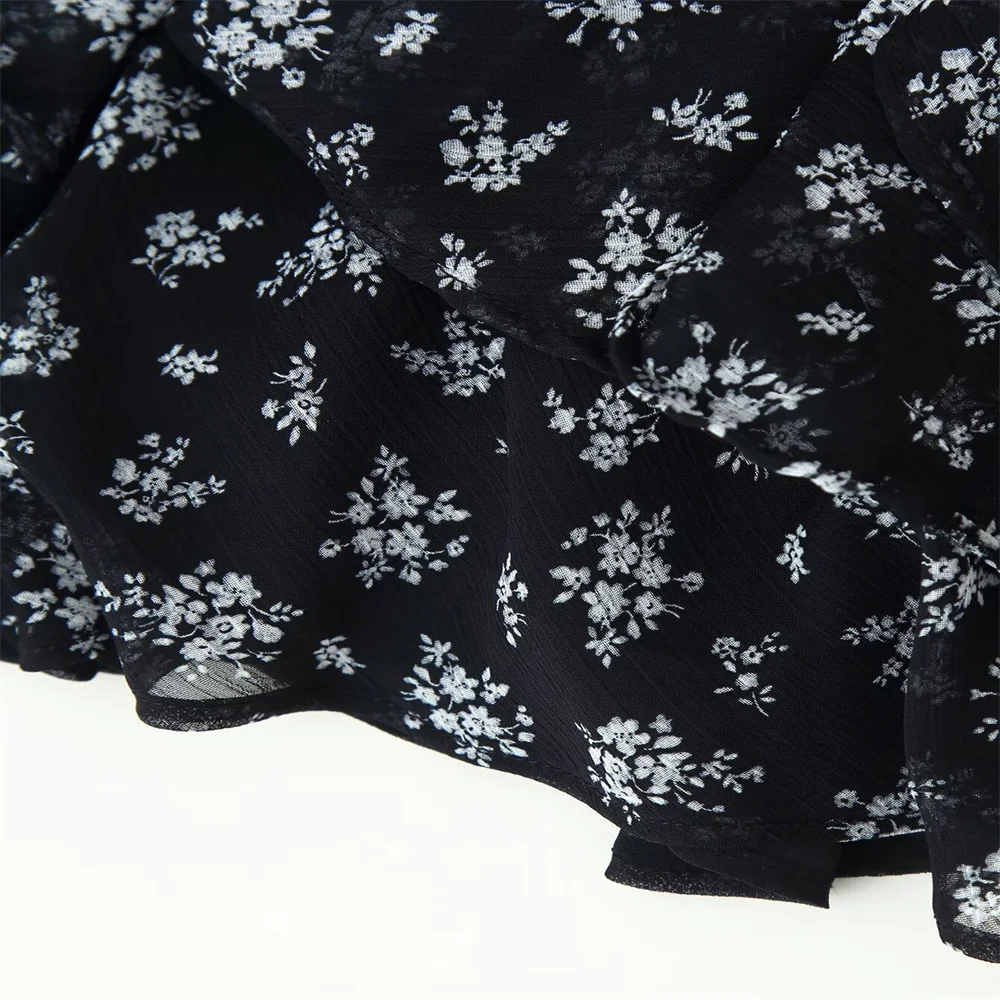 Outono novo estilo de deslocamento feminino impresso em camadas decoração com decote em v vestido de manga comprida