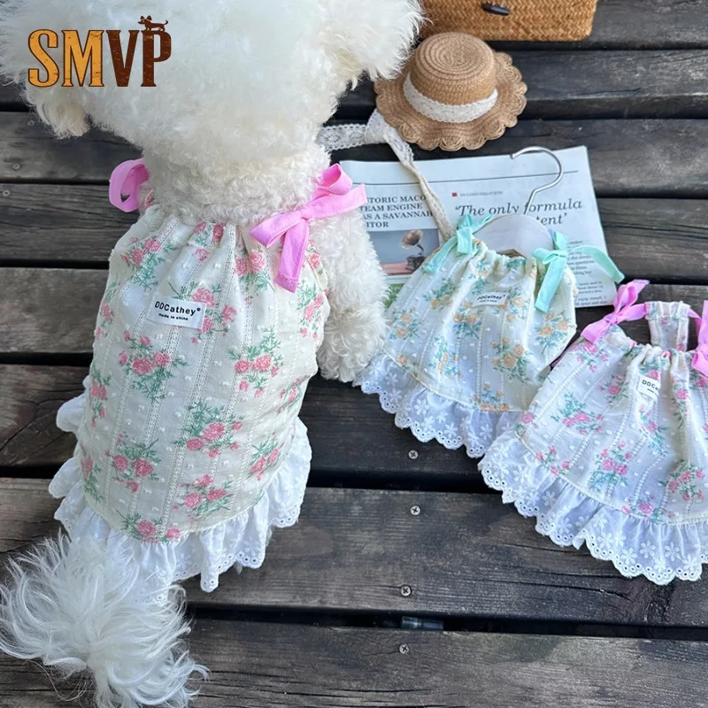 

Pet Floral Print Camisole Dress Delicate Embroidered Sleeveless Top with Lace Hem and Bow Straps Perfect for Hot Summer Days
