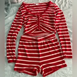 2023 Christmas Pajama Sets For Women Striped Print Cotton Long Sleeve Button Crop Tops+High Waist Shorts Xmas Casual Outfits