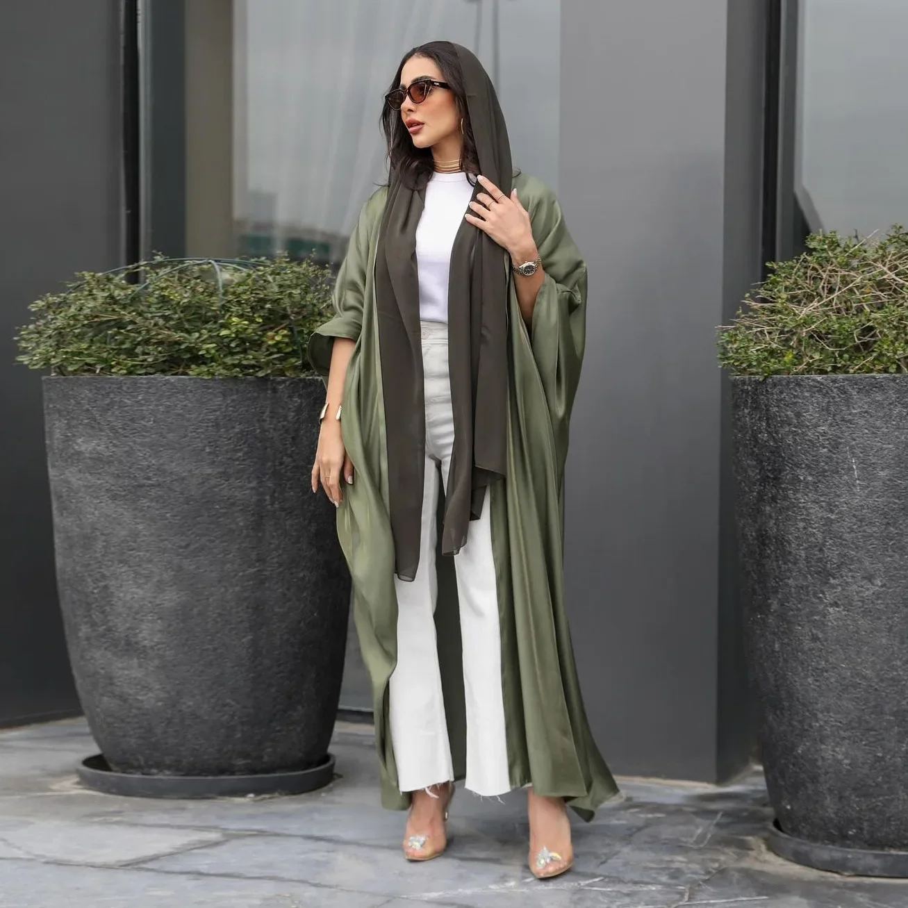 SuperAen 2024 Autumn Fashion Cardigan Bat Sleeve Robe Green Long Coat for Women