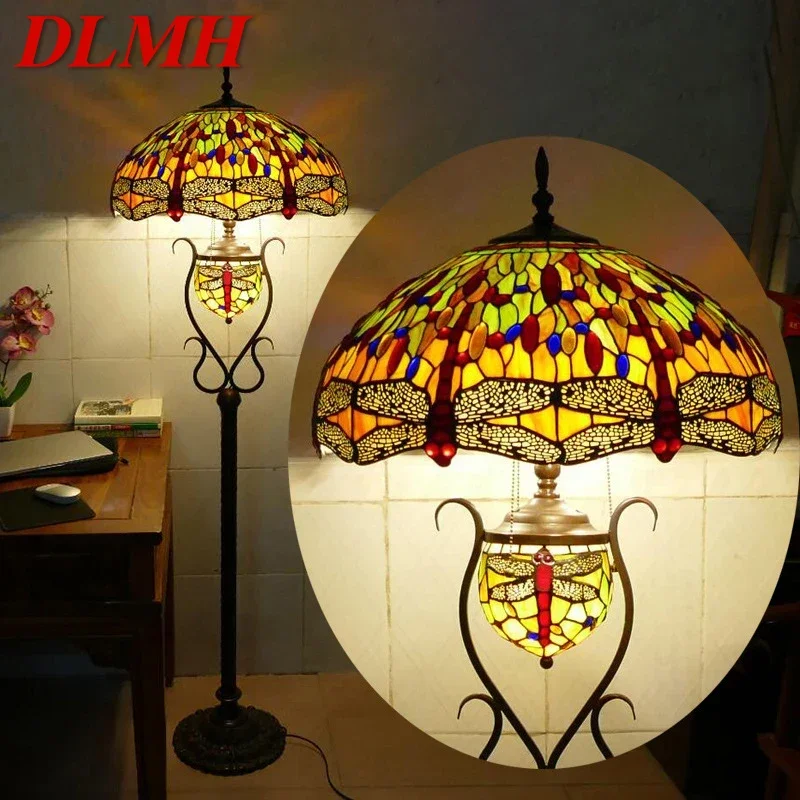 

DLMH Tiffany Floor Lamp American Retro Living Room Bedroom Lamp Country Stained Glass Floor Lamp