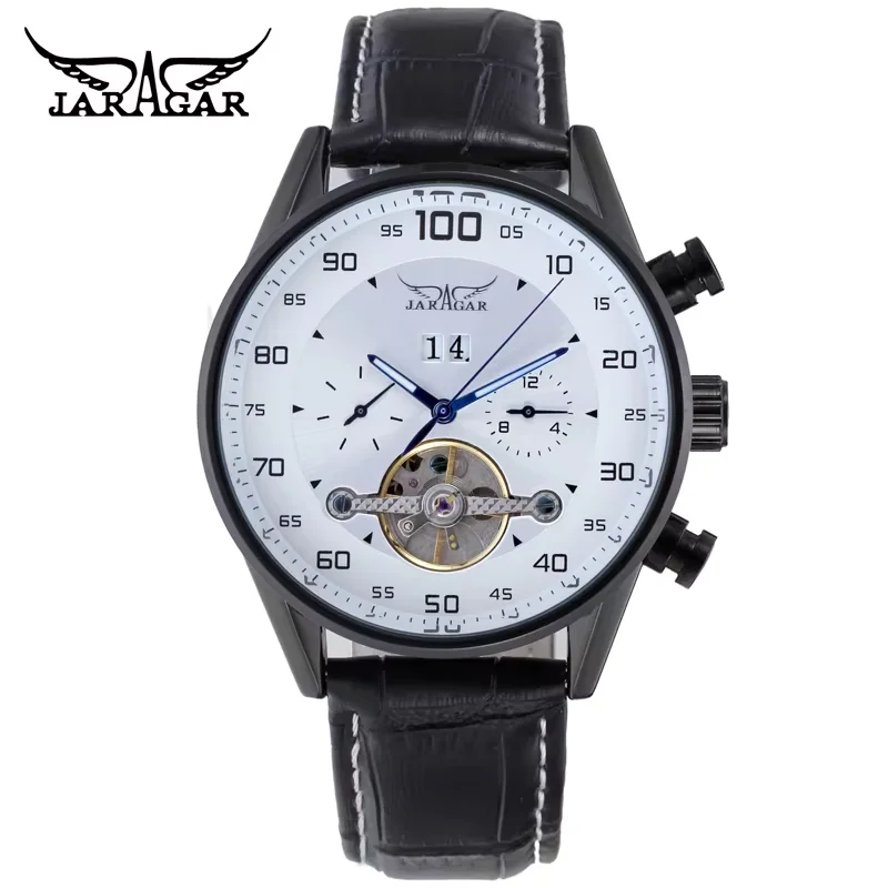 

JARAGAR Trendy simple three-eye hollow dial multi-layer digital with date belt mechanical men's watch
