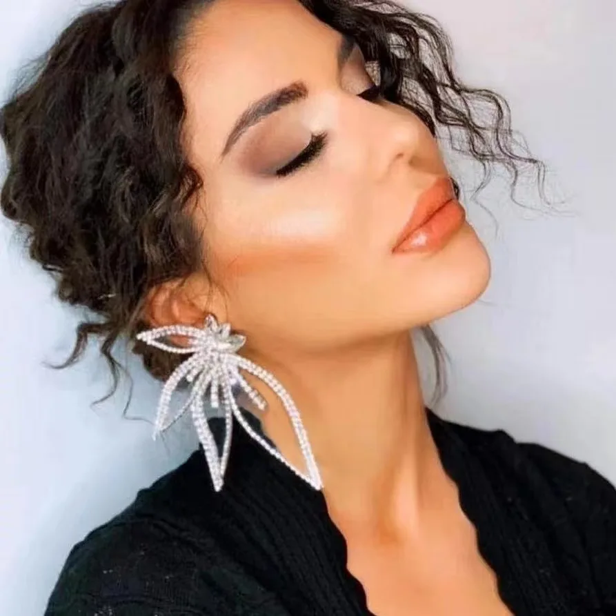 Hot Selling Fashion Earrings in Europe and America, Women's Exaggerated Sparkling Diamond Leaf Shaped Flower Earrings, Personali