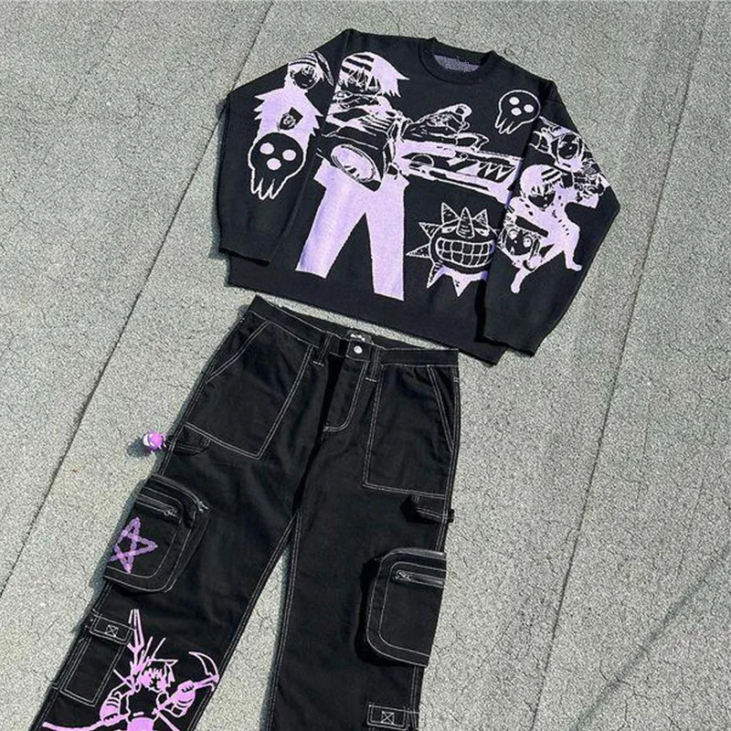 Harajuku mode mannen en vrouwen paar herfst en winter trui Y2K retro jaren 90 gothic ingerichte ronde hals tops kleding 2023 nieuwe