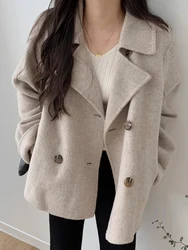 Abrigo de lana sintética para mujer, chaqueta de doble botonadura, estilo coreano, Vintage, informal, suelto, Chic, Otoño e Invierno