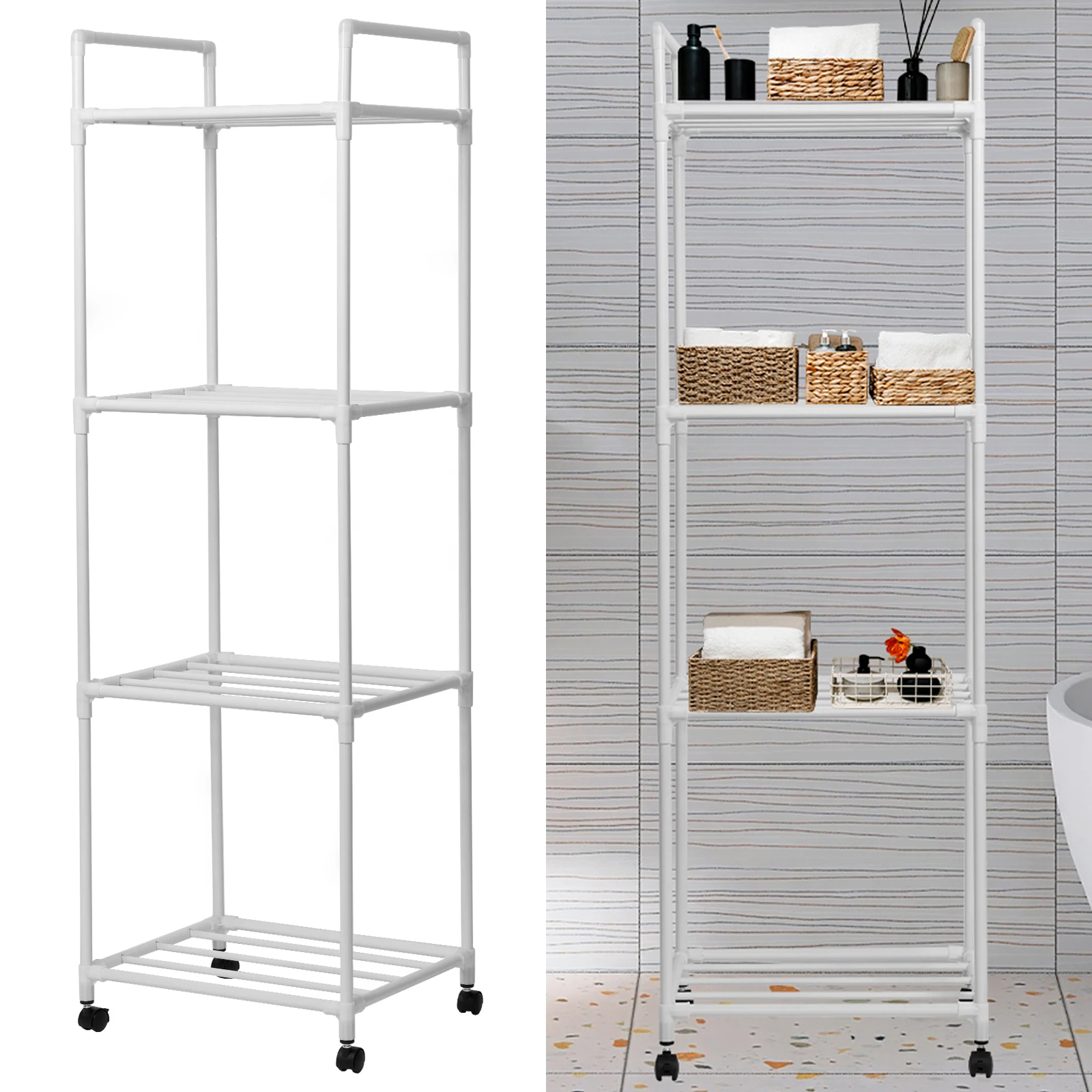 Metal Storage Rack with Roller 4/5 Layer Trolley Rack Bathroom Household Mobile Storage Shelves Bedroom Kitchen Standing Storage