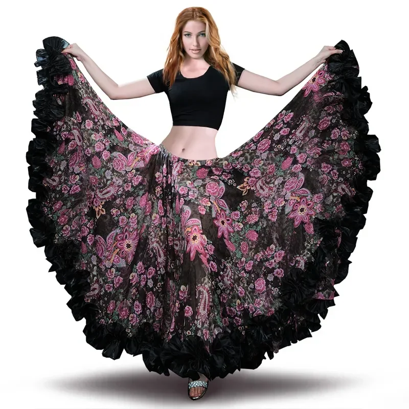 Saia espanhola para dança do ventre Saias Flamenco Chiffon 720 °   Grande saia cigana para dança do ventre, traje cigano tribal, saia de 25 jardas