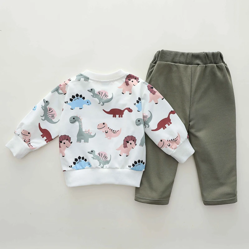 Ensemble à manches longues et col rond pour nourrissons et tout-petits, imprimé dinosaure de dessin animé, deux pièces pour garçons et filles, 2 pièces