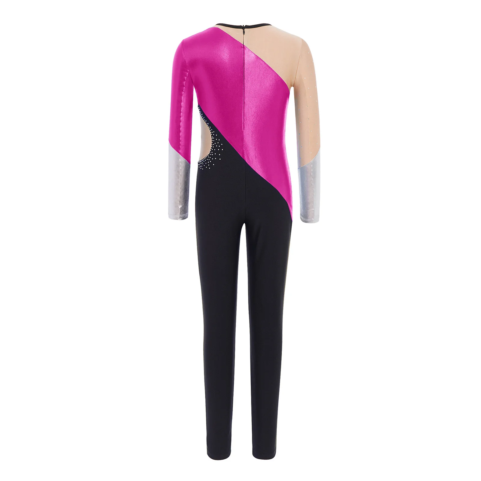 Meisjes metallic kleurblok gymnastiek jumpsuit ronde hals bodysuit met lange mouwen voor kunstschaatsen dansvoorstelling competitie