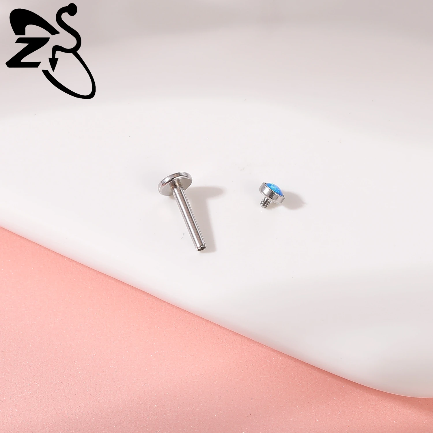 16G Stainless Steel Opal Lip Stud, Internal Thread