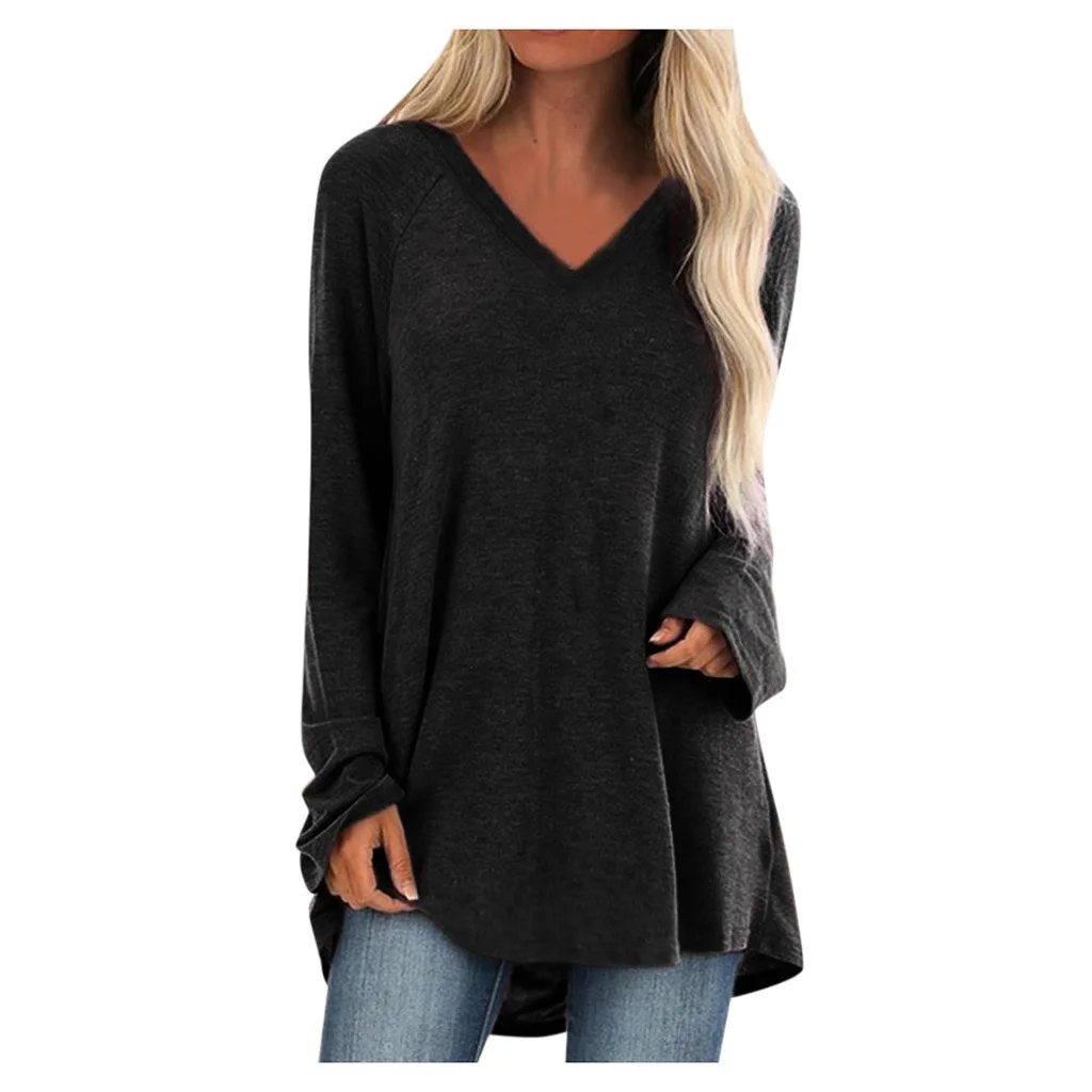 Women's Solid Color T-Shirt V-Neck Loose Long Sleeve Pullover Women's