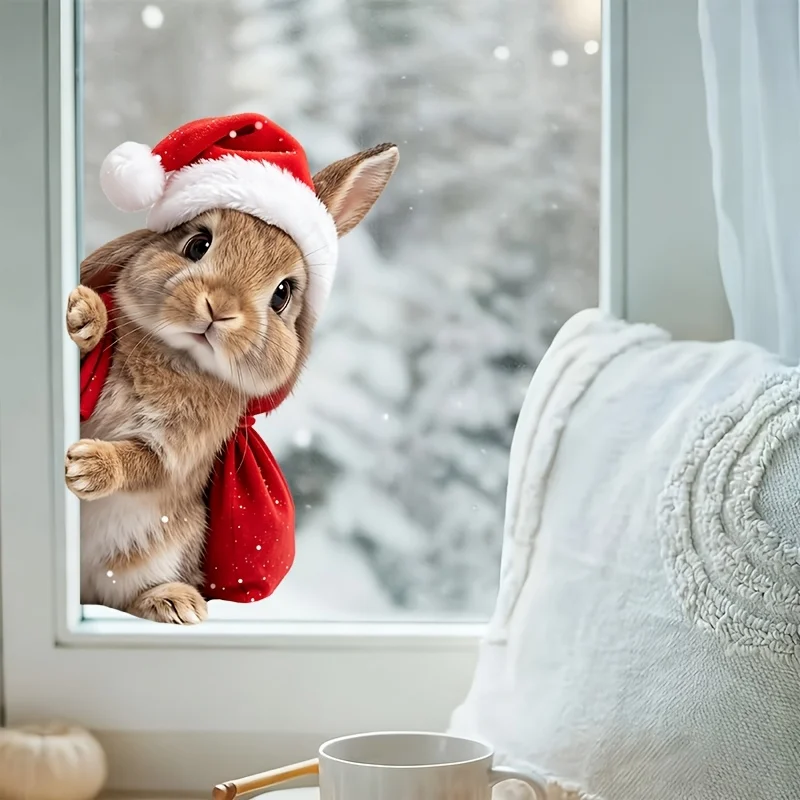 Cute Peeking Rabbit With Santa Hat Wall Stickers Animals Home Decor Self-adhesive Wallpaper Waterproof Decals S1048