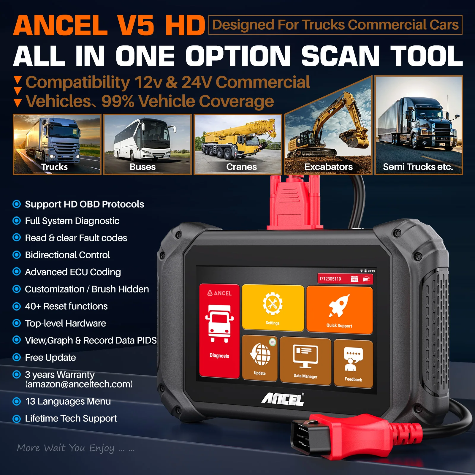 ANCEL V5 HD Heavy Duty Truck Diagnostic Tools BI-Directional ECU Coding Full System OBD2 Commercial Vehicle Truck Scanner