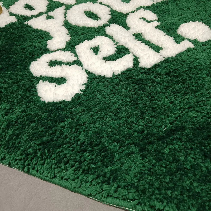 Alfombra verde con forma de corazón para dormitorio, Felpudo con letras mullidas para sala de estar, felpudo estético para habitación de niños,