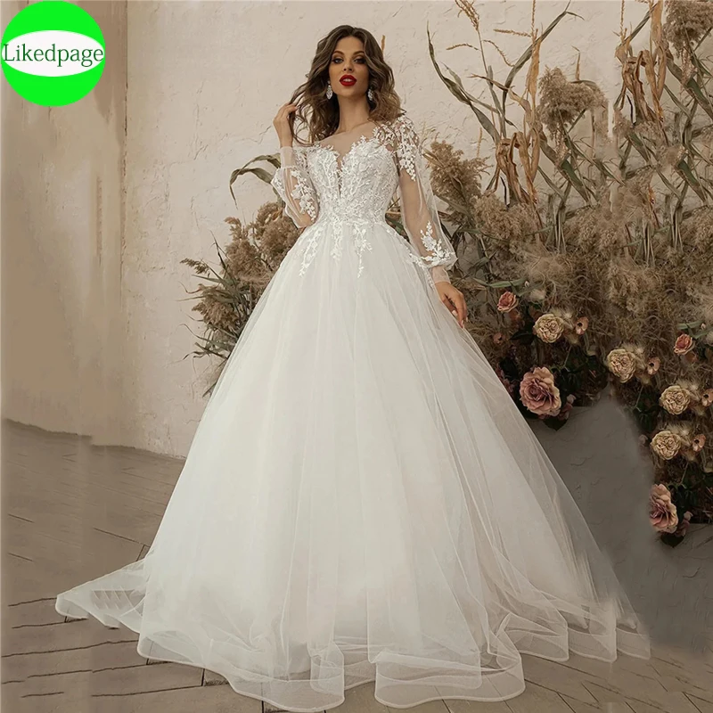 

Luxury Simple A-Line New Wedding Dress Sweetheart Long Sleeve Bridal Gowns Appliques Backless Lace Up Vestidos De Novia W10331