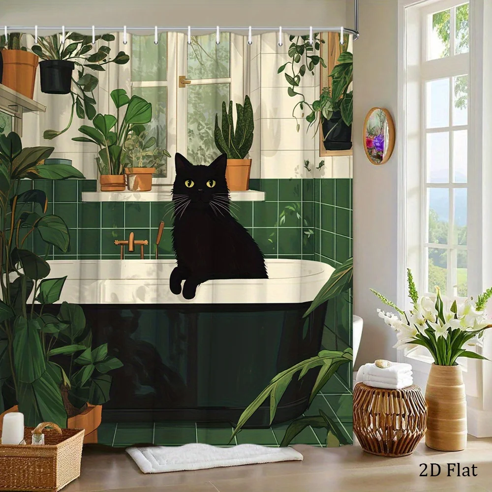 1pc Sleek Black Cat Shower Curtain Featuring a Black Cat with Green Eyes Lounging on a Vintage Bathtub Rim, Serene Bathroom Scen