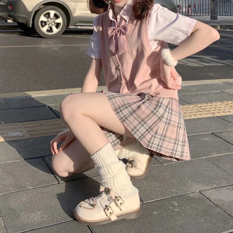 Valentine's Day Limited JK Uniform Skirt Set Grey Pink Plaid High Waist Girl's Style Pleated Skirt Brand JK Spring  Short...