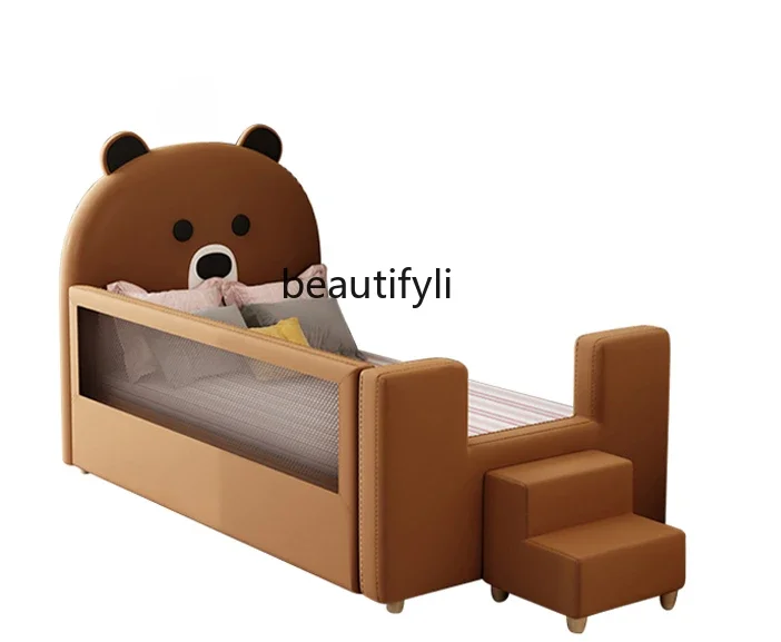 Stitching Boy's with Fence Half-Height Bed Soft Bag Pure Solid Wood Widened Bed Formaldehyde-Free