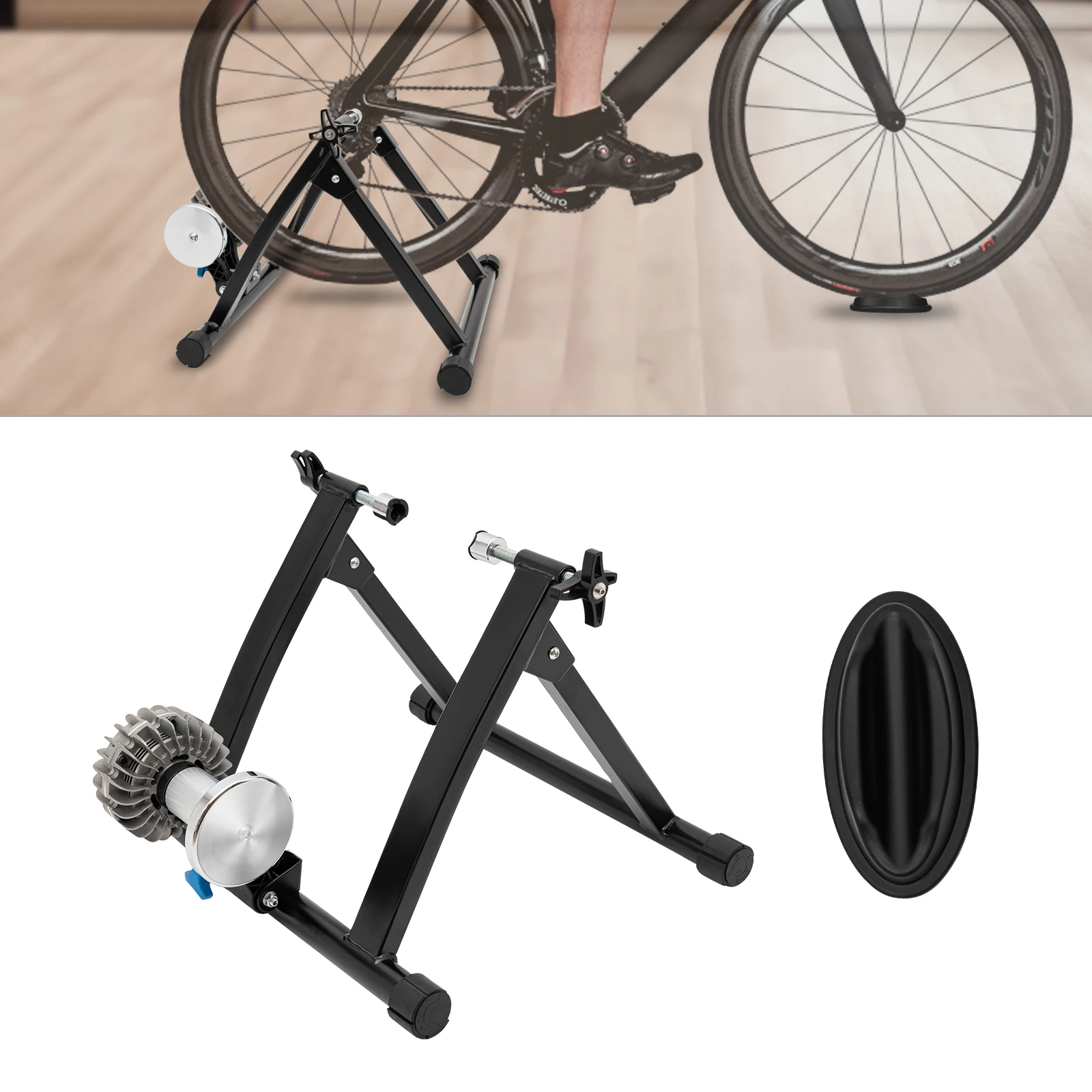 Indoor Bicycle Trainers Suitable for 26-29In Mountain 700C Road Bikes Tension Adjustable Space Saving Bottom Anti-slip Pad