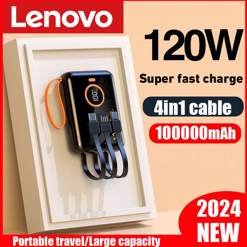 Lenovo 120W 100000mAh Portable Power Bank High Capacity Cable Two-way Fast Charging Mini Powerbank