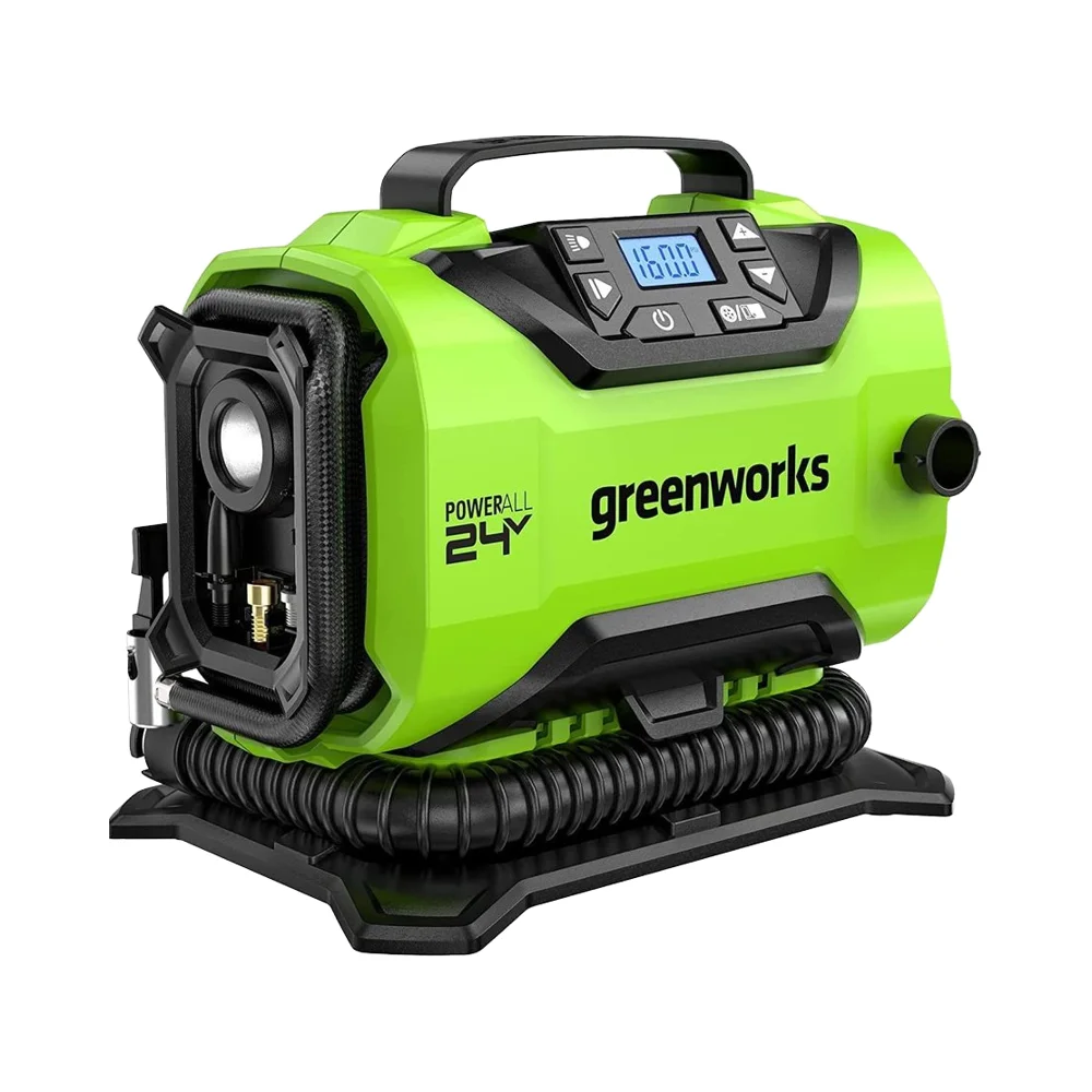 

Беспроводной компрессор Greenworks 24В для накачивания шин, 160 PSI, портативный, с автоотключением, 2 источника питания для автомобиля, мотоцикла, электроинструментов