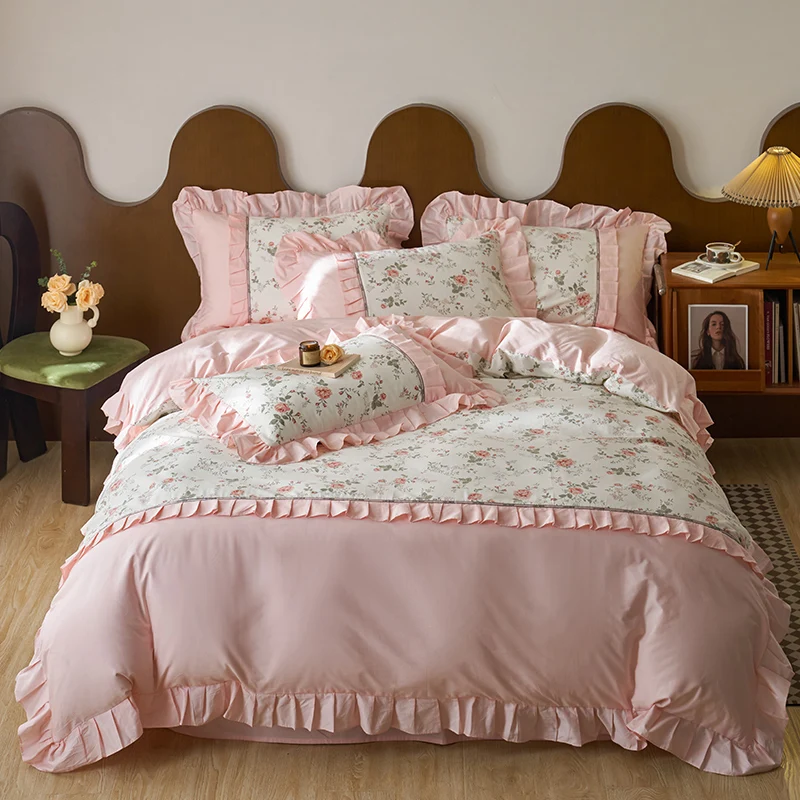 Rose Flowers Printing Bedding Set Korean Style Pink Princess 100% Cotton Ruffles Quilt/Duvet Cover Fitted Bed Sheet Pillowcases