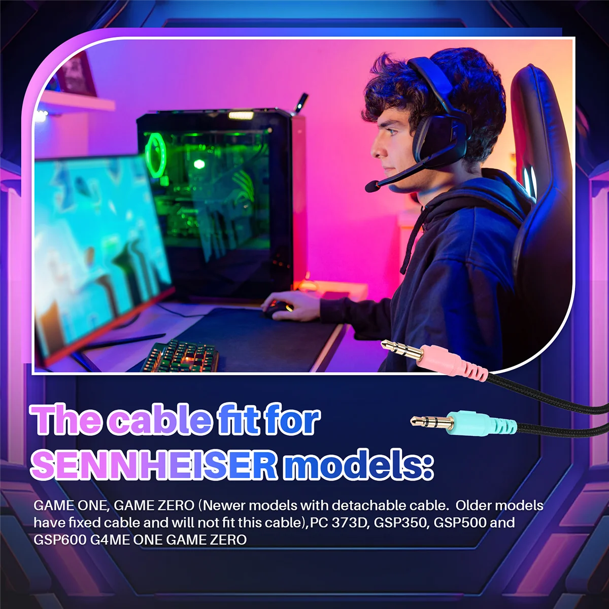 Câble de remplacement A03V pour écouteurs Sennheiser G4ME ONE GAME ZERO 373D GSP 350 / GSP 500 / GSP 600 (version PC 2 mètres)