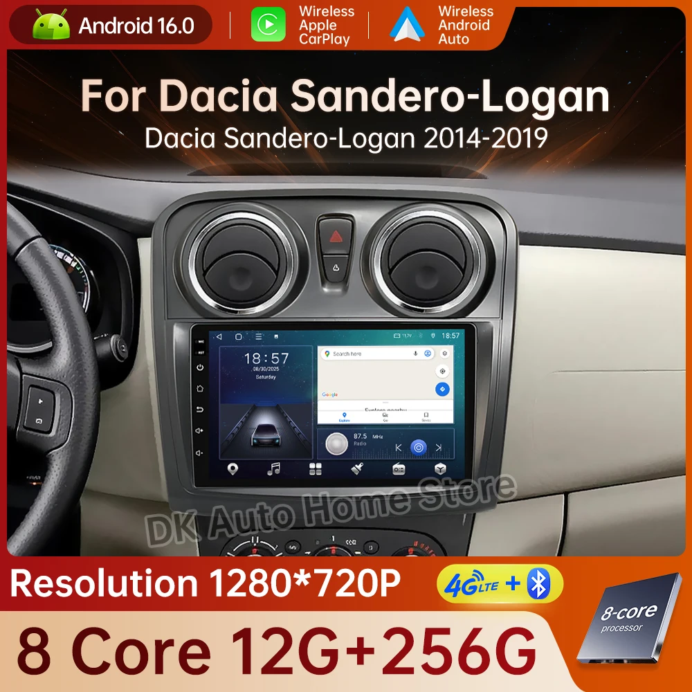 Android 16 For Docia Sandero Logan 2014 - 2019 Car Radio Bluetooth Multimedia Wireless Auto Carplay 4G WIFI DSP GPS Navi