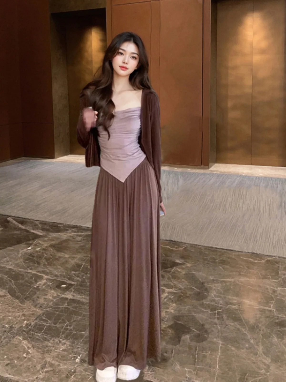 Laid-ba Sle Feminino de inspiração zen Commute Verão 2025 Calças de cintura alta com pernas largas Cardigan Colete Conjunto longo Sve V-ne