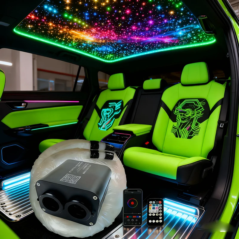 

Оптоволоконные светильники с двойной головкой Smart APP Fiber Lighte Светодиодный двигатель RF-управление Кабель звездный эффект Потолочные RGBW Lights WAPP NEW