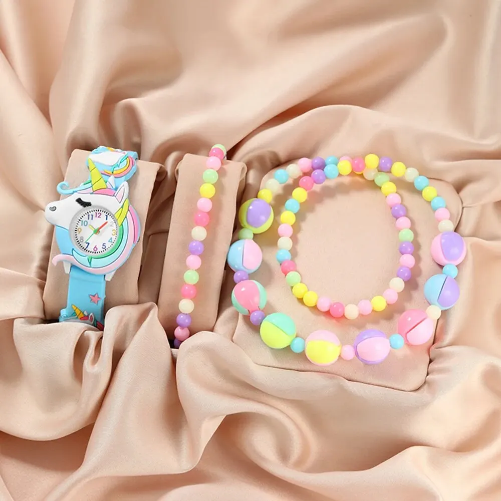 3 Girls' Unicorn Pattern Watch Silicone Quartz Watch Jewelry Set Children's Colorful Necklace Bracelet Set