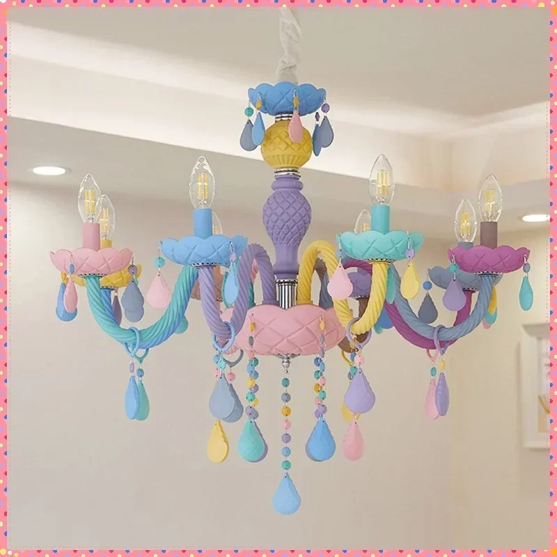 Nordic Candle Pendant Light Rainbow Hanging Chandelier Living Room Princess Girl Children's Bedroom Decoration Macaron Lampshade