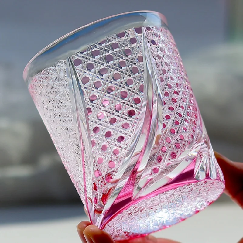 Vaso de Whisky Estilo Japonés Rosa Edo Kiriko, Cristal Tallado a Mano para Cócteles, Brandy, Hielo, en Caja de Regalo