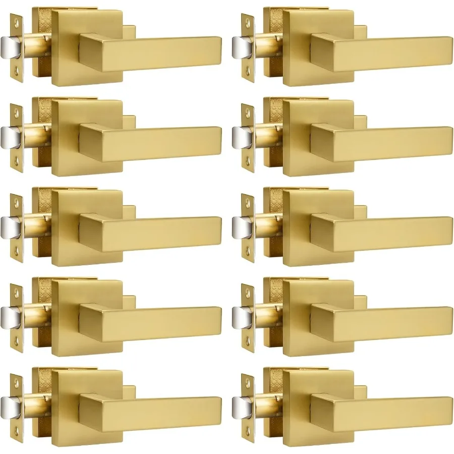 มือจับประตูแบบสี่เหลี่ยมจัตุรัสสีทองขัดเงา 10 ชิ้น สำหรับประตูทางเดิน ตู้เสื้อผ้า ประตูภายใน  แบบไม่ใช้กุญแจ  พร้อมกุญแจแบบมีร่อง  งานหนัก