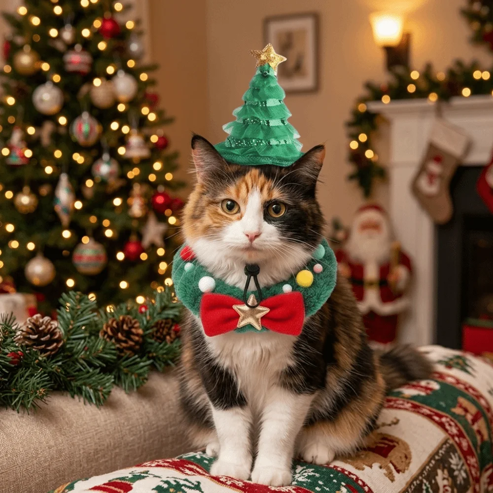 Adjustable Pet Christmas Hat Collar Kit with Star Bow Skin-Friendly Cat Dog Christmas Scarf Set Breathable Fluffy