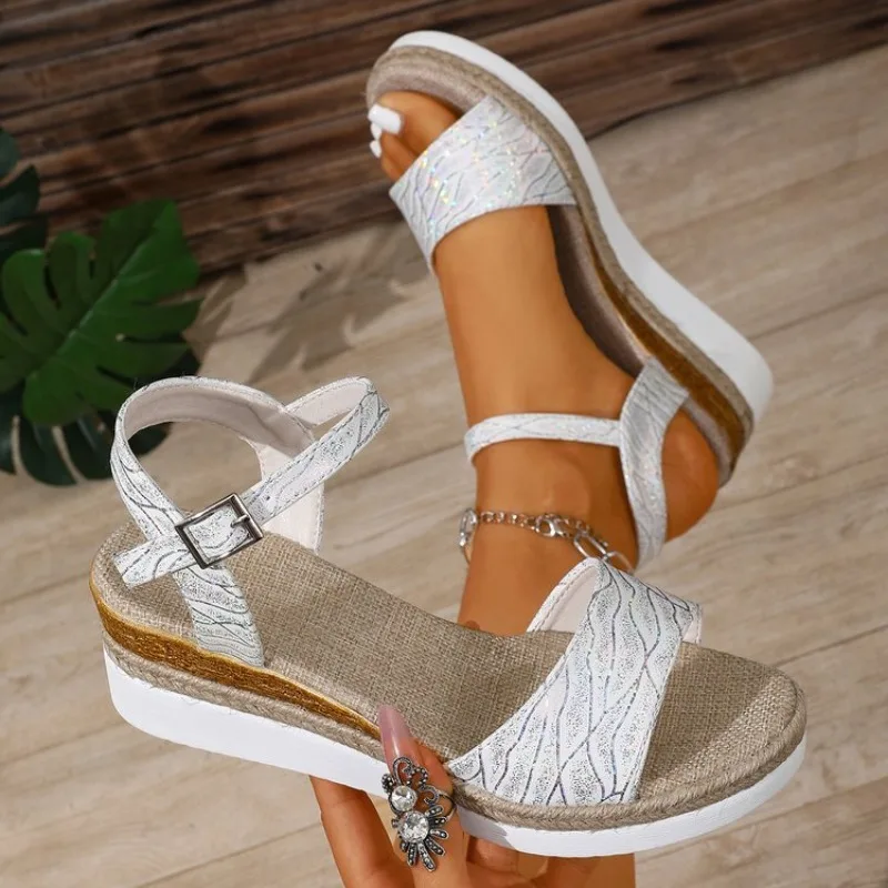 

Wedge Sandals for Women White Platform Heels Ankle Strap Shimmer Finish Summer Espadrille Style Beach Open Toe Shoes New 2026