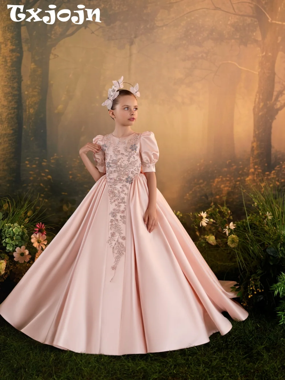 Girls Pink Beaded Satin Long Dresses For Birthday Party Exquisite Sweet Puff Sleeve Kids Princess Gown Pageant Performance Wear