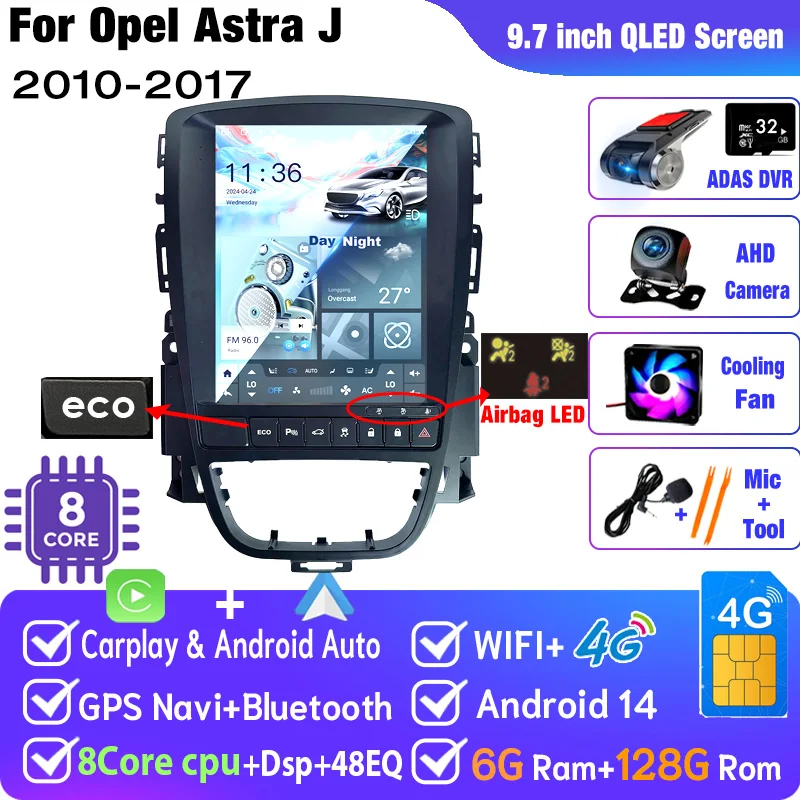 Android 14 Auto Multimedia GPS Voor Opel Astra J Vauxhall Buick Verano 2010-2017 Radio Verticaal Scherm Carplay Tesla stijl ECO