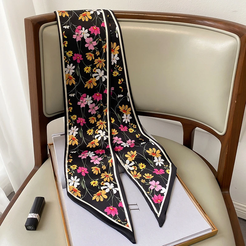 Luxury WOMEN\'S Long Silk Scarf in Spring and Summer French High-quality Ribbons Soft Touch Scrunchies Thin Floral Neck Tie