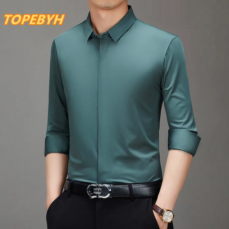 High Quality Traceless Process Men's Seamless Shirt Without Pilling or Fading  Versatile Men's Hide Button Shirt