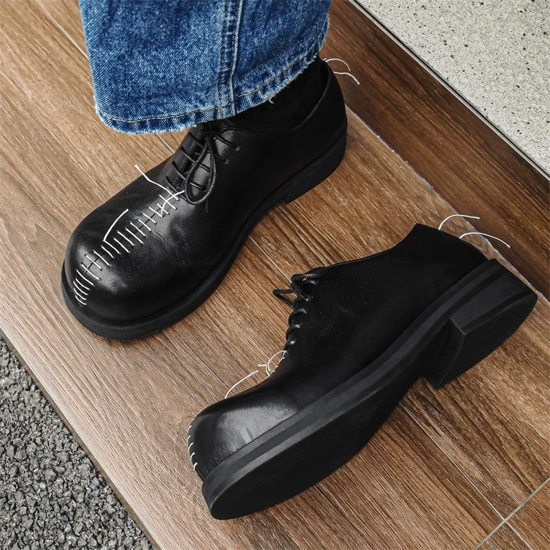 

Fashion handmade Casual Men Shoes Hand-stitched Design Derby Shoes Leather Thick Sole Big Round Toe Shoes