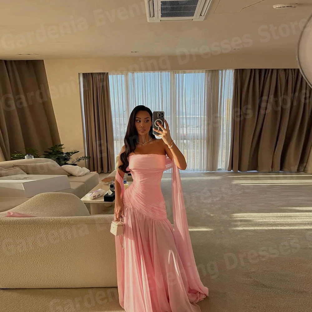 

Charming A Line Women's Evening Dresses Strapless Prom Gowns Customized Backless Sleeveless Pleat Vestidos Para Mujer Elegantes