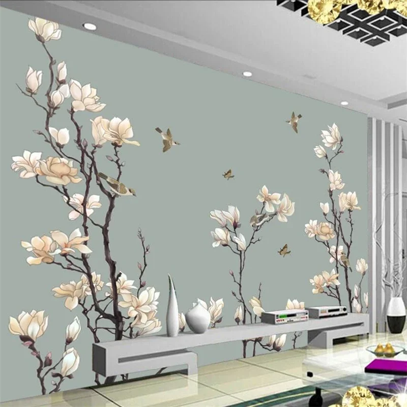 

Custom wallpaper 3d hand-painted magnolia flower bird mural new Chinese minimalist Chinese ink bamboo landscape background wall