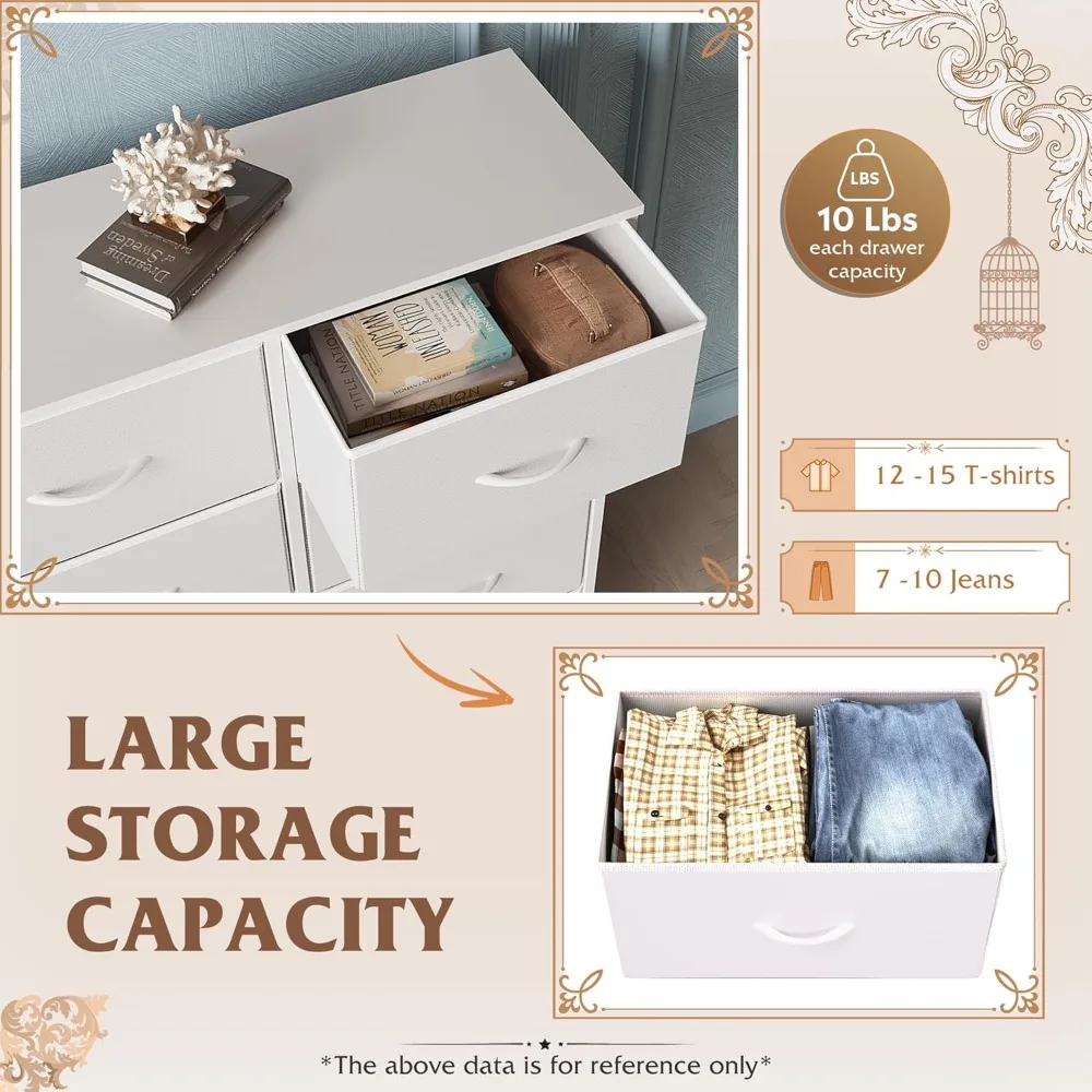 

White Dresser for Bedroom, 6 Drawer Double Dresser, Fabric Storage Tower with Fabric Bins, Chest of Drawers for Closet