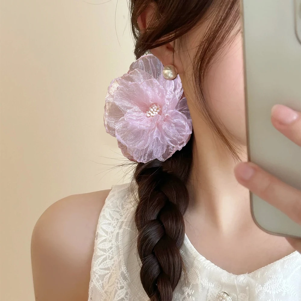 2pcs Organza Handmade Simulated Hairpins Rose Fabric Flowers Hairpin Sweet Hair Accessories Girls Three-dimensional Side Clips