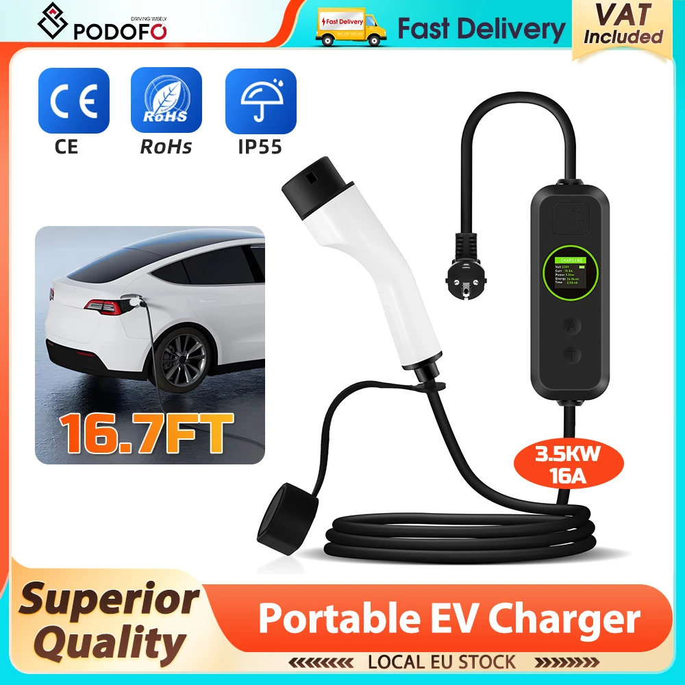 Podofo Tragbares EV-Ladekabel 16A 5M Kabel Typ 2 3,5KW Einstellbares Elektroauto-Ladegerät mit Bildschirm Wallbox-Ladestation für Elektrofahrzeuge