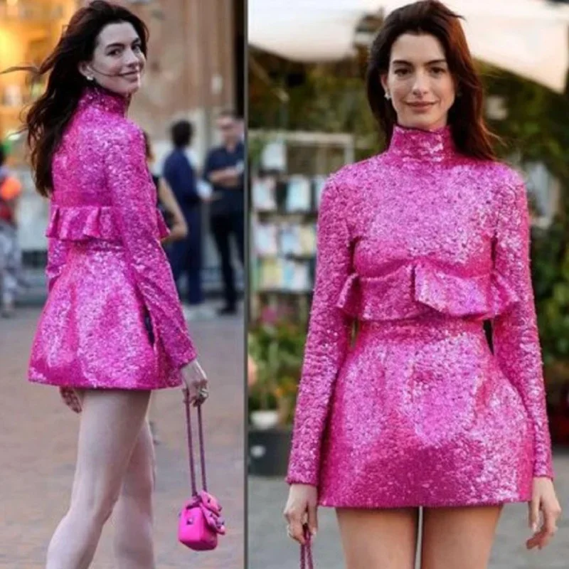 High Neck Party Dress Long Sleeve Sequins Mini Dress Fuchsia Women Clothing Custom Made Woman Clothes Ruffles Cocktail Gowns