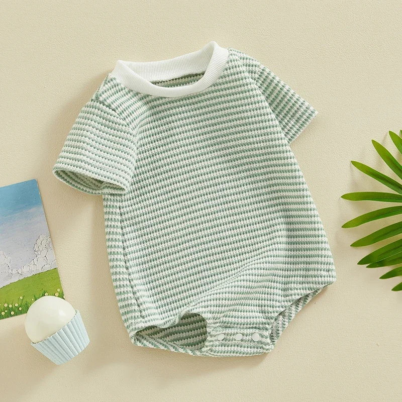 

Летний комбинезон для мальчиков и девочек, вафельный комбинезон в полоску с круглым вырезом и короткими рукавами, одежда для малышей