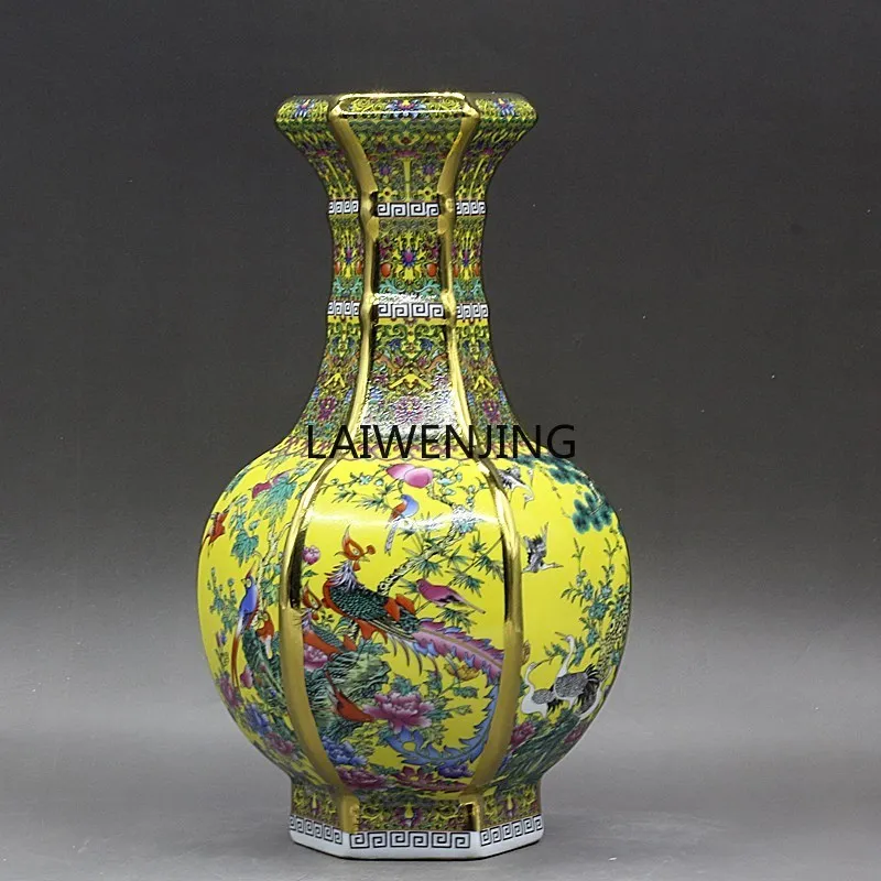 CY Qing Qianlong enamel colored flowers and birds hexagonal yellow bottle antique porcelain collection old goods ornaments